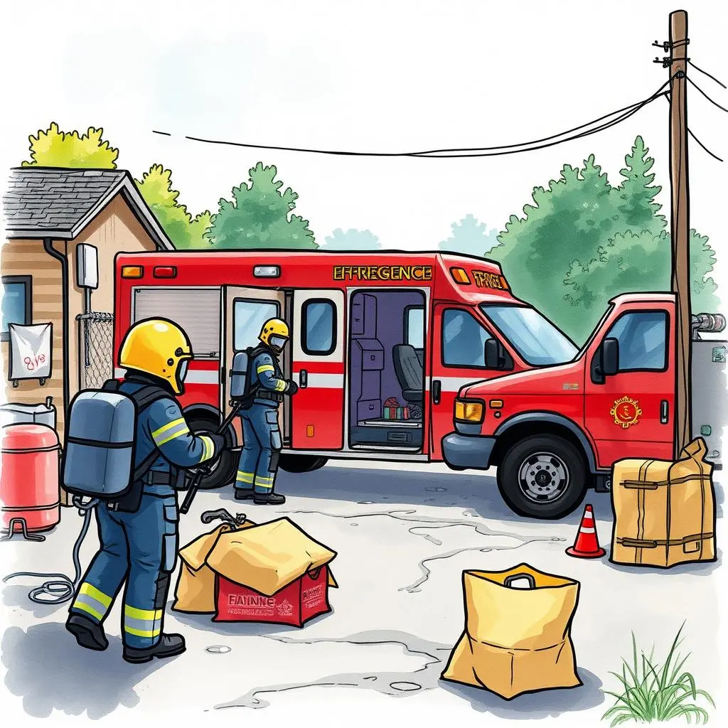 Response scenario simulator: Generate tailored emergency situations to practice 1 Emergency responders training near ambulance and simulated emergency equipment.