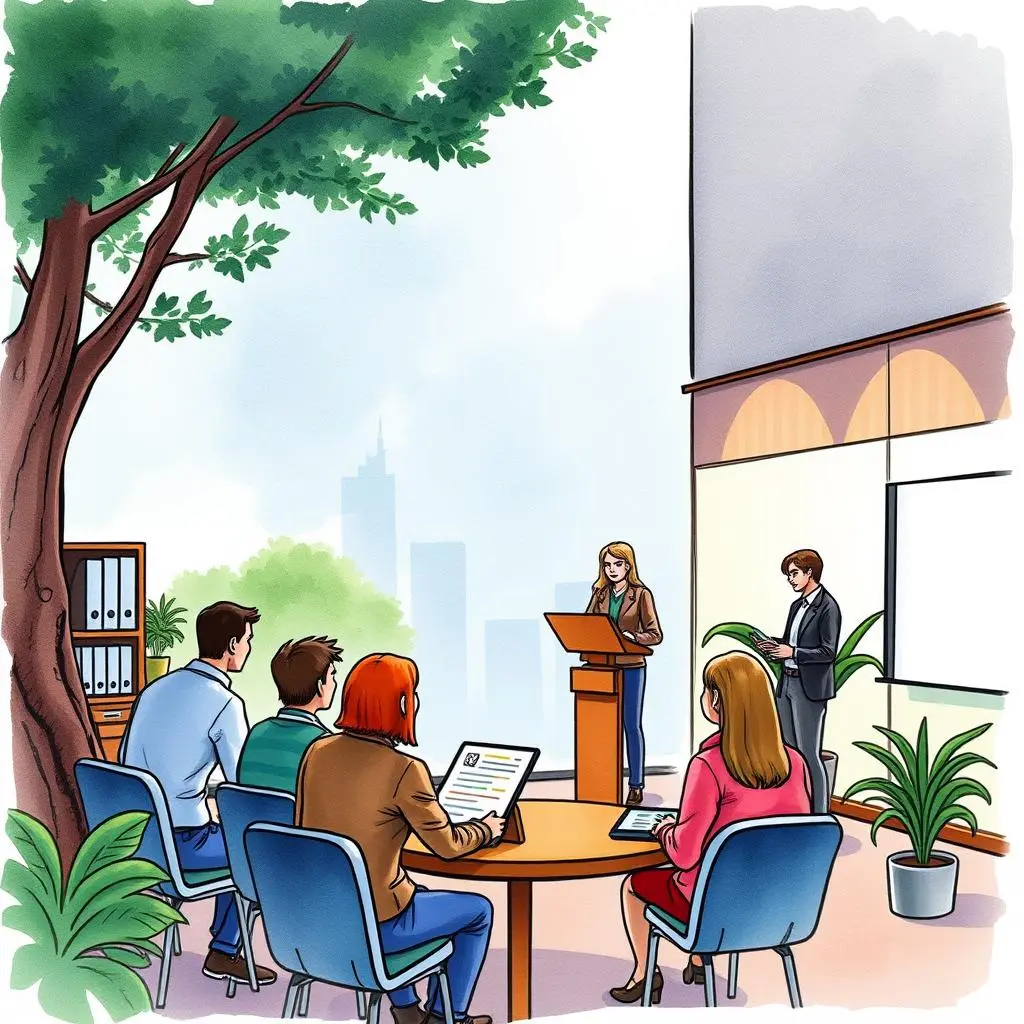 Impact assessment generator: Create impact assessment reports for training effectiveness 1 A group of professionals engaging in a training session, with a presenter at the forefront.