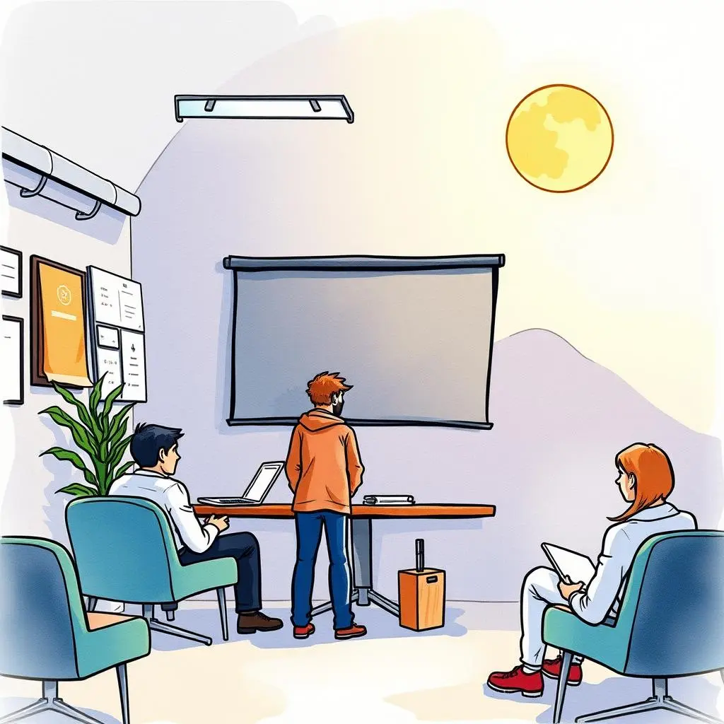 Competency evaluation tool: Assess current competencies for training needs 1 A person presenting in a meeting room setting with peers and a projector screen.