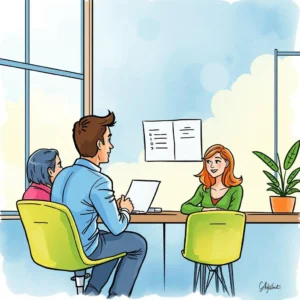 Two hr professionals discuss training insights with a candidate in an office.