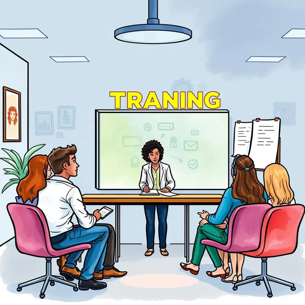 Trainer compatibility checker: Match trainer style with company culture 1 Trainer leading a training session with engaged participants in a modern office setting.