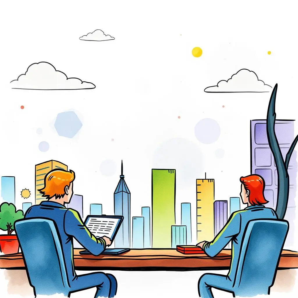 Ai communication clarity coach: Enhance communication for tax stakeholders 1 AI Communication Clarity Coach tool being used by professionals in finance overlooking a city skyline.