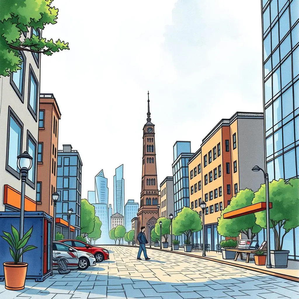 Ai tax query responder: Generate clear answers to tax inquiries 1 A vibrant city street with modern buildings and greenery, illustrating a business environment for tax inquiries.