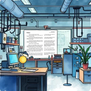 A workspace with a computer, document, and plants illustrating the concept of technical output creation for R&D