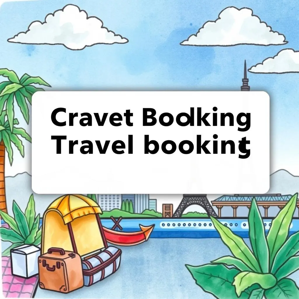 Travel agenda creator: Develop comprehensive travel agendas quickly 1 Travel scene with luggage, palm trees, and landmarks representing travel booking tools.