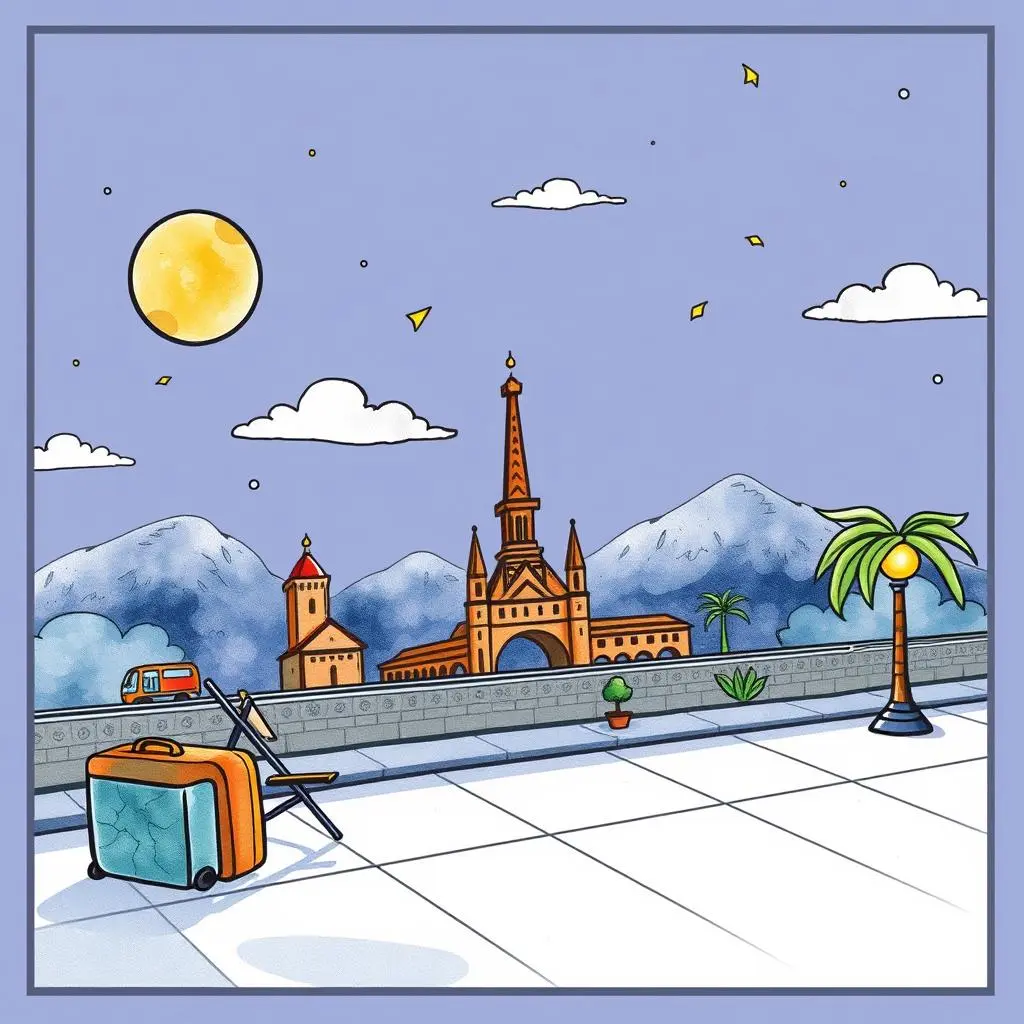 Travel itinerary formatter: Format travel itineraries for clarity and ease 1 Colorful illustration of a travel destination with luggage and scenery.