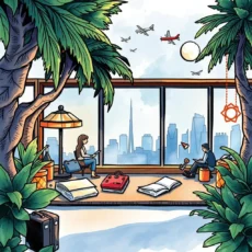 A serene workspace overlooking a travel-themed cityscape and airplanes.