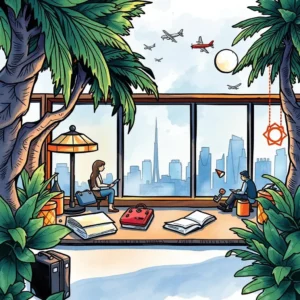 Travel policy highlights generator: Extract key points from travel policies 10 A serene workspace overlooking a travel-themed cityscape and airplanes.