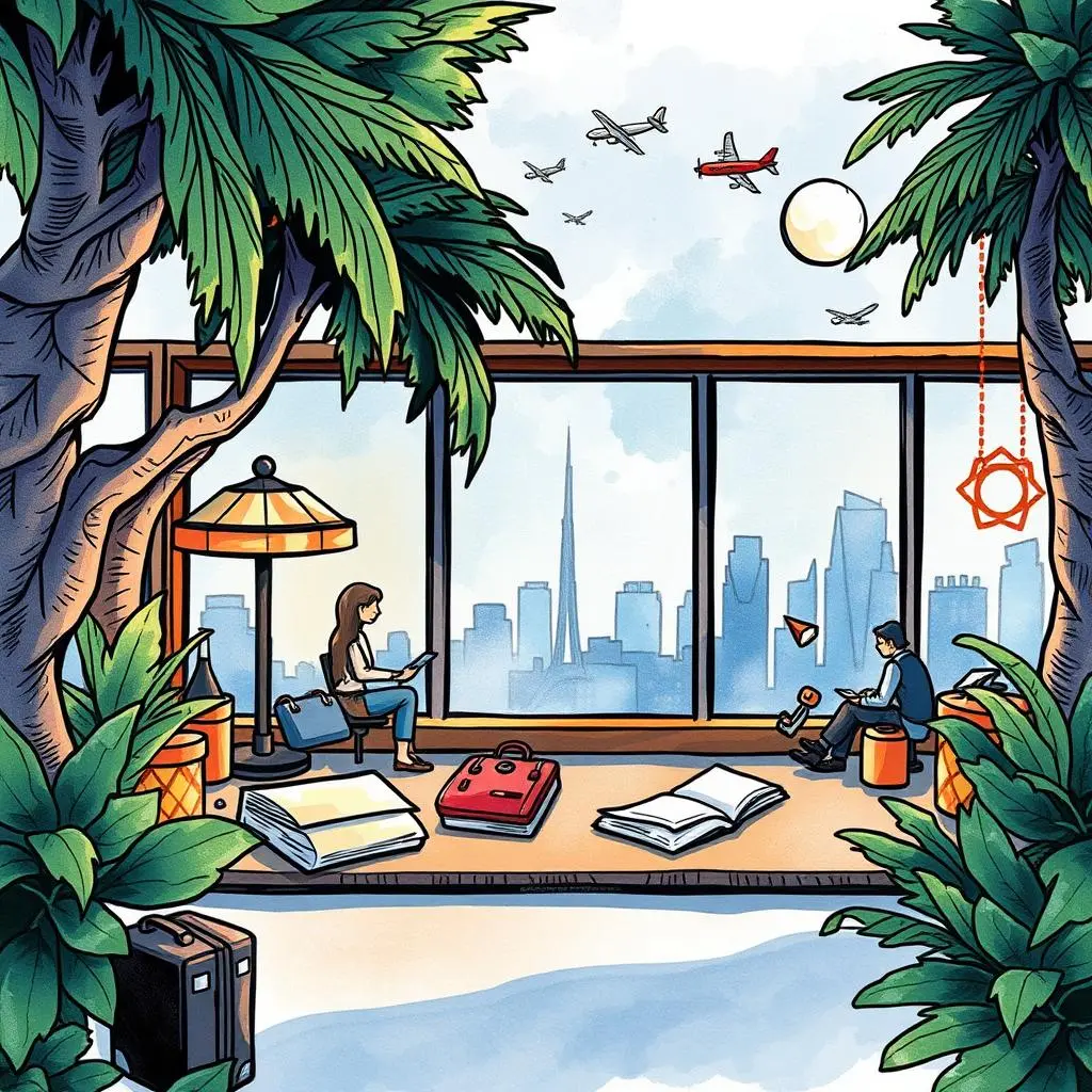 Travel policy highlights generator: Extract key points from travel policies 1 A serene workspace overlooking a travel-themed cityscape and airplanes.