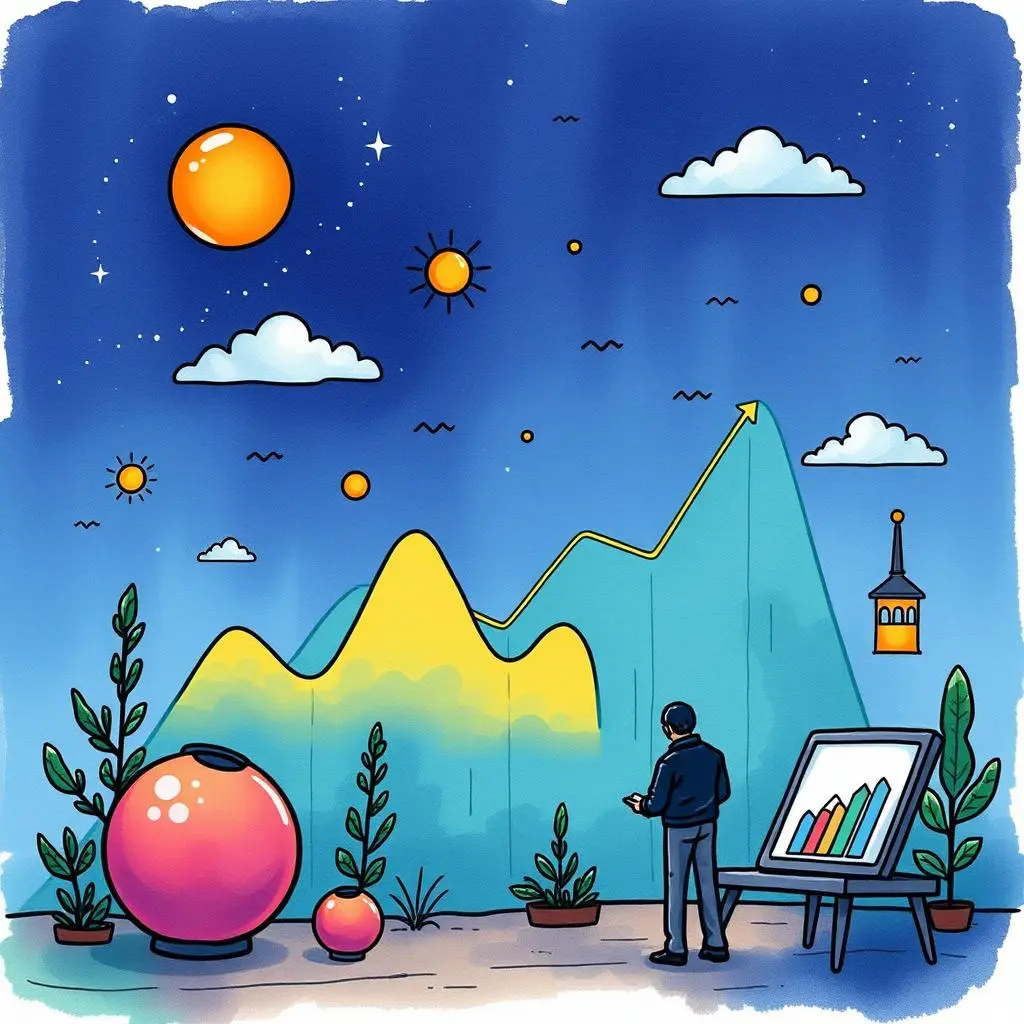 Analysis insight simplifier: Simplify complex analyses into understandable results 1 A person analyzing colorful data trends in a whimsical landscape with plants and geometric shapes.