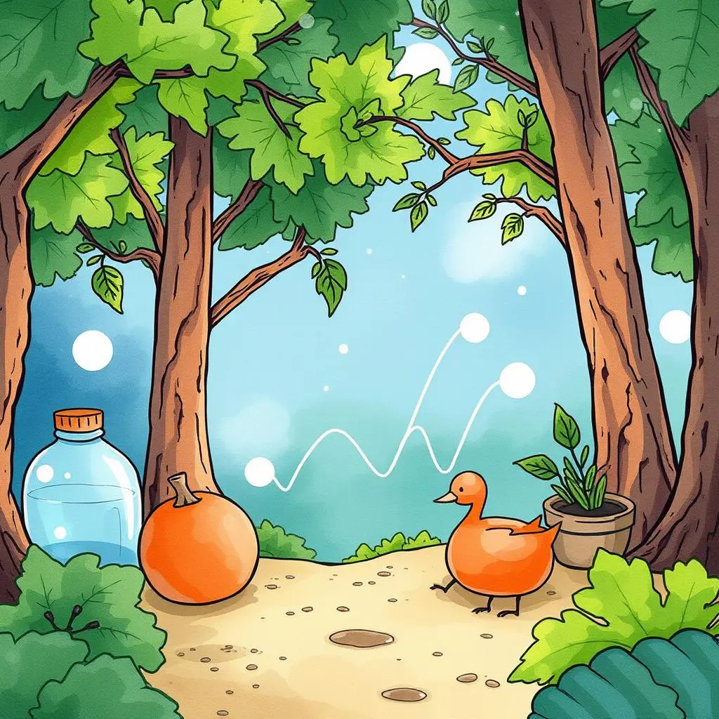 Data-driven suggestion engine: Create tailored suggestions from analytical data 1 A colorful illustration depicting a serene forest scene with a duck and a bottle.