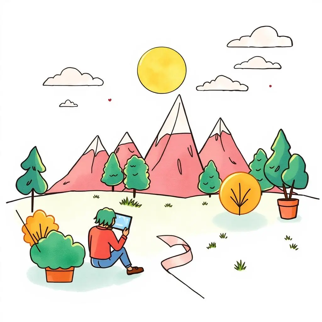 Person analyzing feedback trends in a serene mountain landscape.