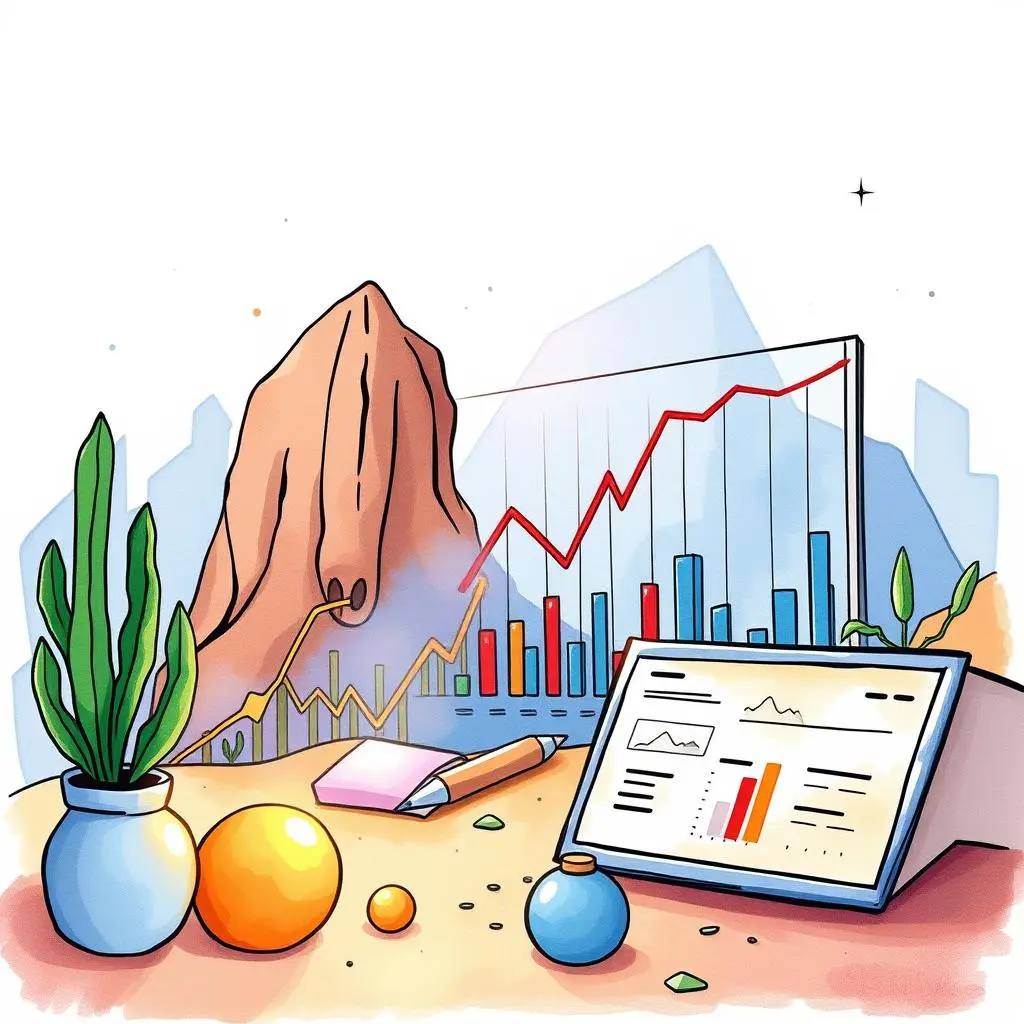 Input text analyzer: Analyze and summarize data input relevance 1 Colorful illustration of data analysis tools displaying trend graphs.