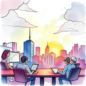 City skyline at sunrise with analysts reviewing reports and data on tablets around a conference table