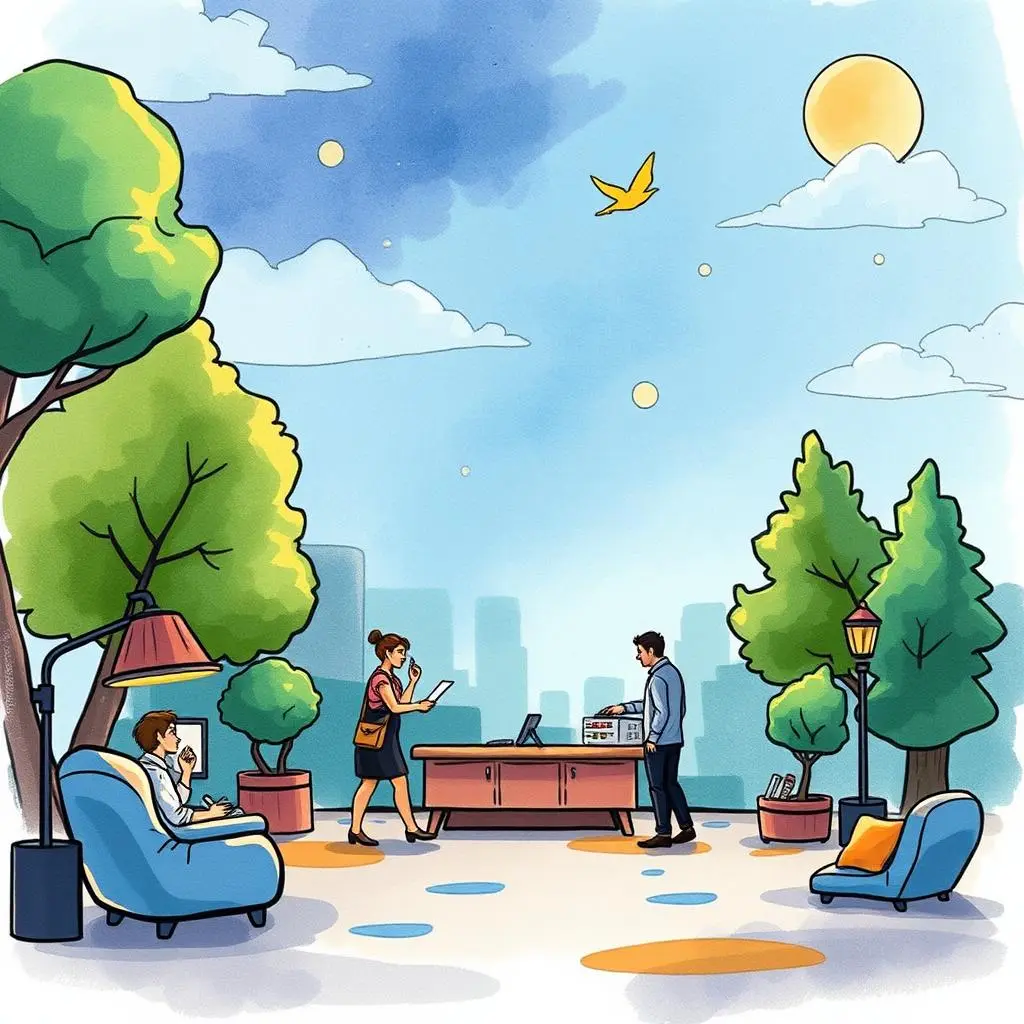 A vibrant outdoor workspace with individuals discussing stakeholder trends and a welcoming environment.