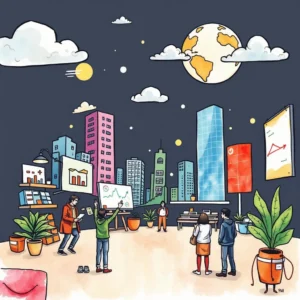 Professionals analyzing data trends in a vibrant corporate environment.