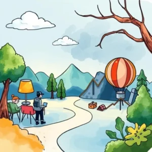 Two analysts strategizing in a scenic landscape with a hot air balloon.