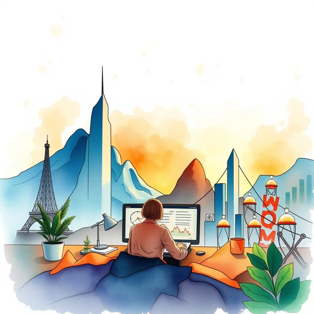 Trend analyzer: Evaluate text inputs to identify key trends 1 A person analyzing trends on a computer with iconic landmarks in the background at sunset.