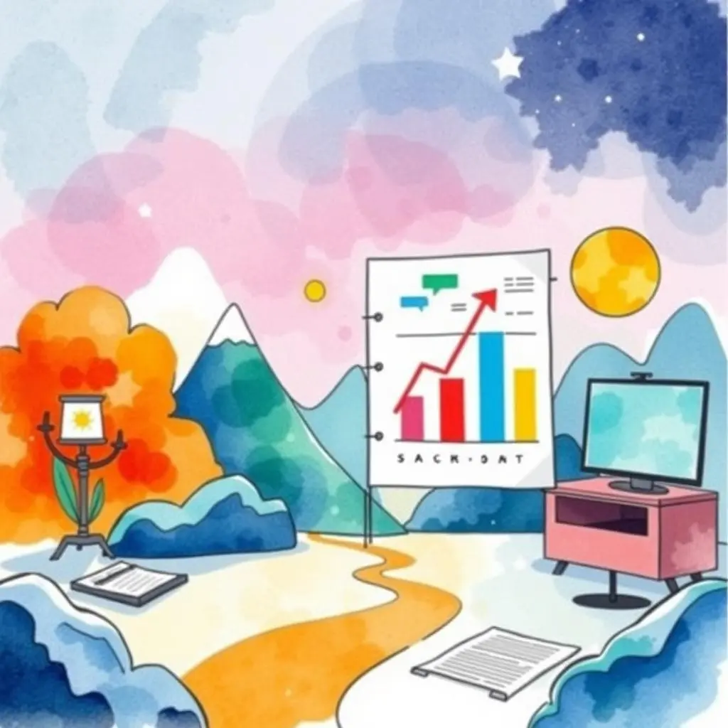 Trend comparison engine: Compare different trends side by side 1 A vibrant landscape illustrating a trend analysis tool with a chart and a workspace setup.