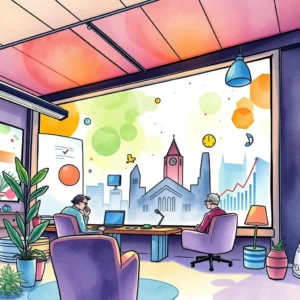 A modern office scene with two professionals analyzing trends through a large window.