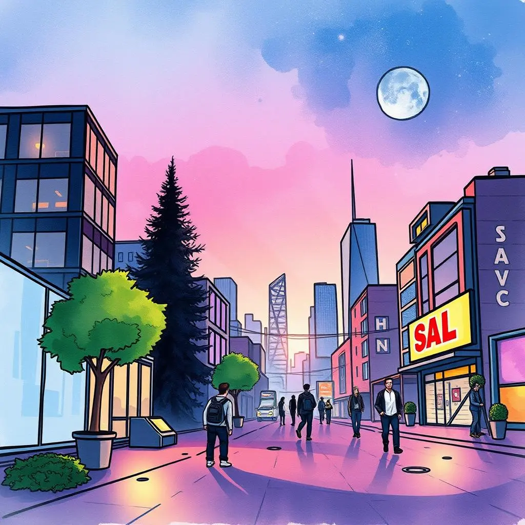 Trend overview report: Create overviews of current market trends 1 A vibrant city scene at dusk featuring people walking, buildings, and street trees.