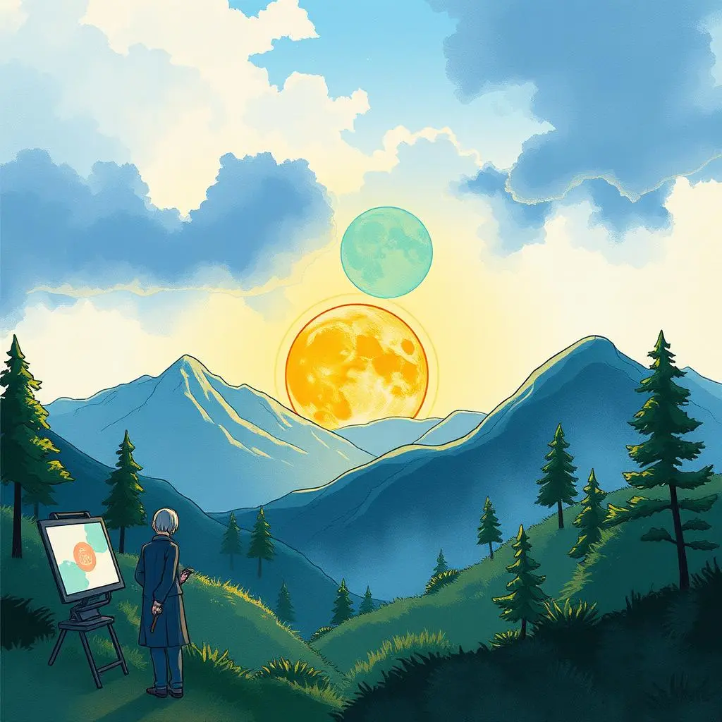 Trend signal extractor: Extract key trend signals from user input 1 A landscape depicting a figure observing celestial bodies over mountains.
