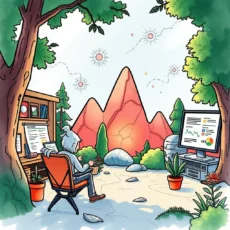 A serene outdoor workspace with a person analyzing trends at a computer among nature.