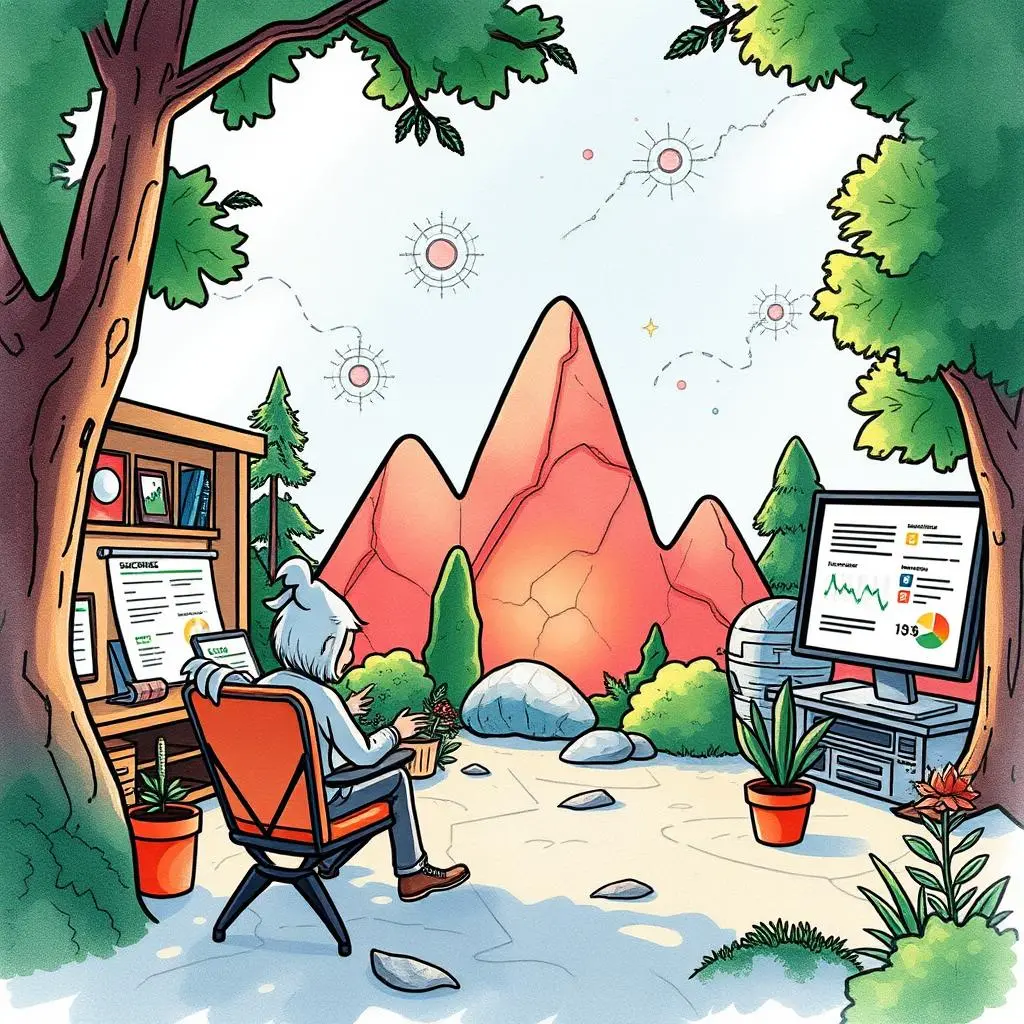 Trends analysis report generator: Produce concise reports on identified trends 1 A serene outdoor workspace with a person analyzing trends at a computer among nature.