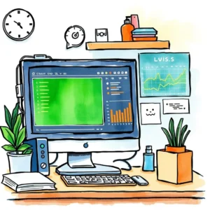 Data input formatter: Format collected data for clearer troubleshooting insights 5 A computer monitor displaying data visualization on a desk surrounded by plants and organizational items.