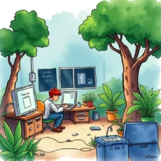Person writing procedures in a supportive, nature-inspired office setting.
