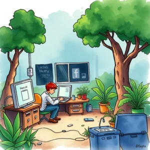 Procedure writer: Generate step-by-step guides for easy support 6 Person writing procedures in a supportive, nature-inspired office setting.