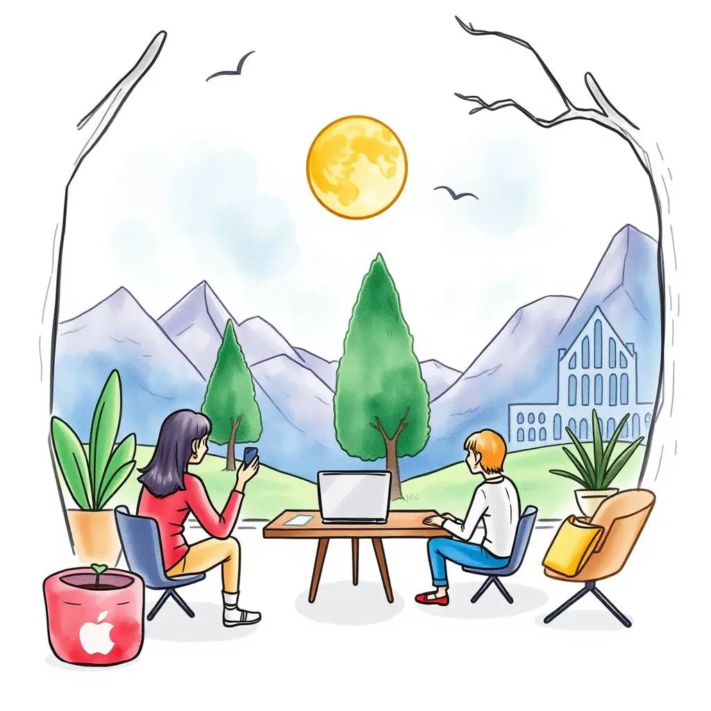 A serene workspace with two individuals preparing for usability testing outdoors.