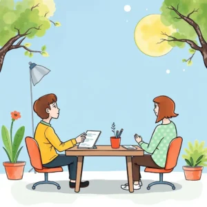 Evaluation summary creator: Summarize evaluation outcomes of user tests 6 Two professionals discussing usability test results at a table outdoors.