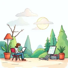 Person reading a report outdoors, surrounded by nature and technology.