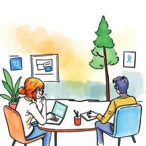 Two professionals discussing usability testing insights in a collaborative workspace.
