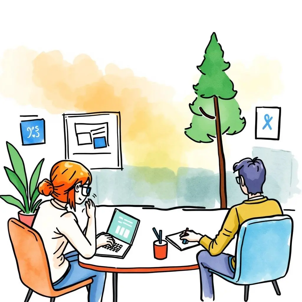 Testing insight communicator: Share usability insights in stakeholder-friendly format 1 Two professionals discussing usability testing insights in a collaborative workspace.