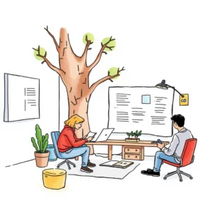 Two people collaborating in a bright, modern workspace with a tree.