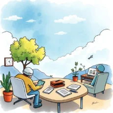A collaborative workspace with two users engaged in usability testing and analysis in a serene setting