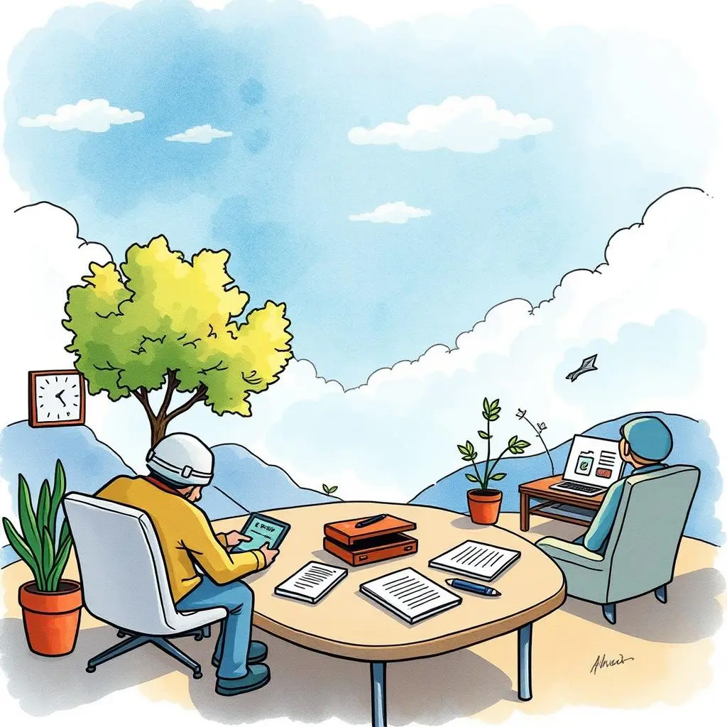 A collaborative workspace with two users engaged in usability testing and analysis in a serene setting