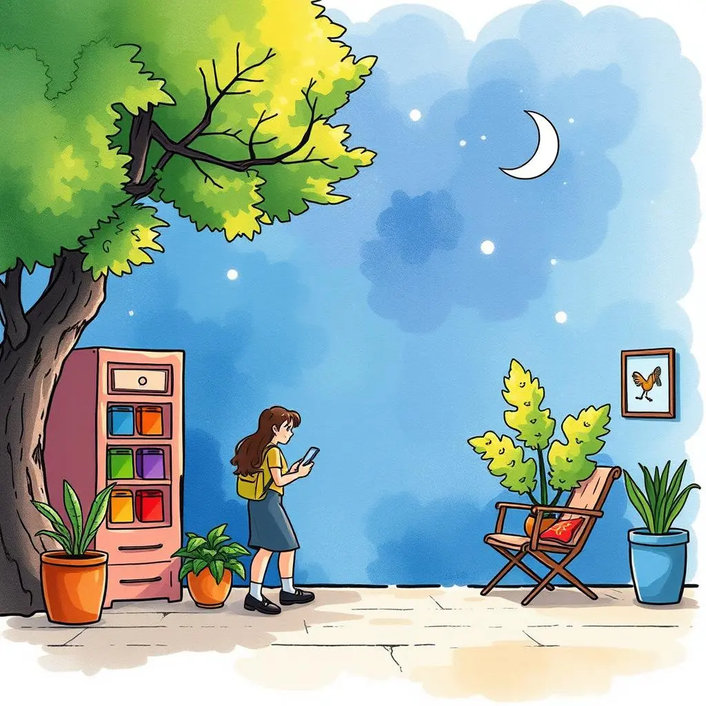 A girl with a backpack checks her phone near a colorful storage unit and plants in a cozy outdoor setting