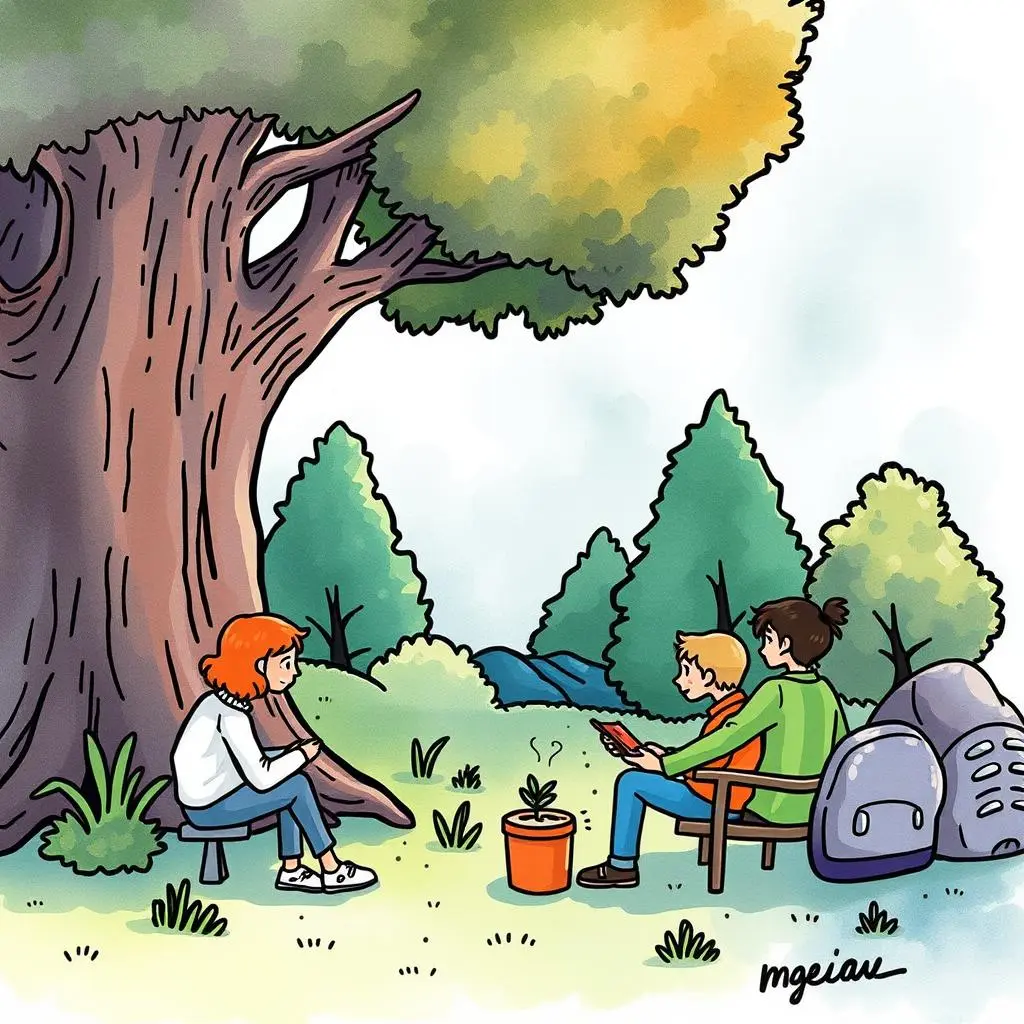 Feedback insight generator: Transform user comments into actionable insights 1 A person sitting under a tree while two others engage with user feedback in nature.