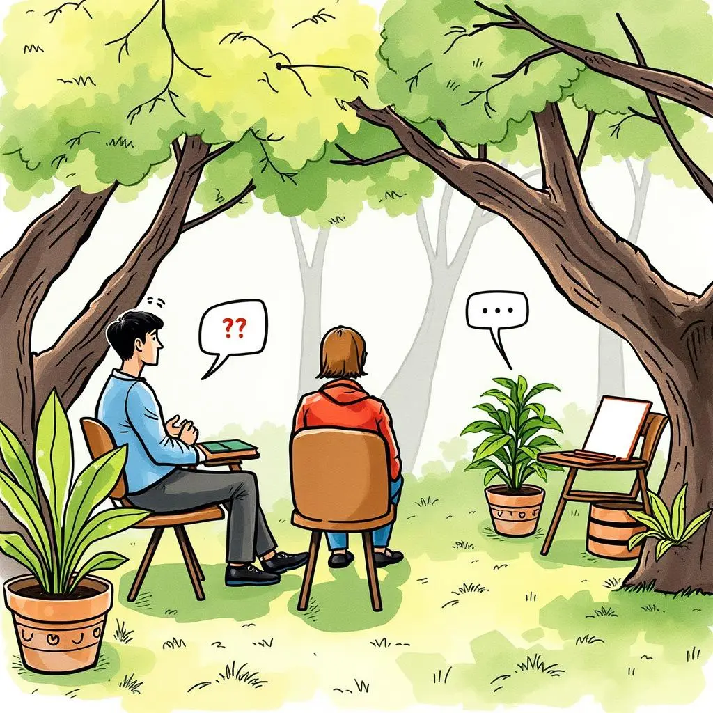 Question clarity checker: Simplify and clarify interview questions 1 Two people sitting under trees, discussing interview question clarity.