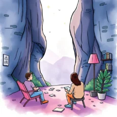 Two designers discussing user feedback in a serene outdoor setting.