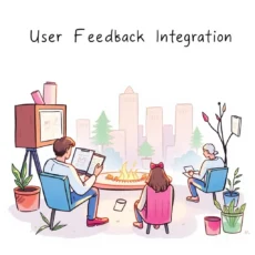 User feedback integration scene with diverse users discussing in a casual setting