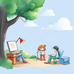 A creative scene depicting a child interacting with researchers in a serene outdoor setting.