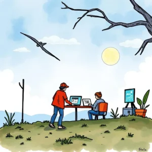 Change log creator: Generate comprehensive change logs for updates 10 A person training another in a sunny outdoor setting using laptops for a Change Log Creator tool