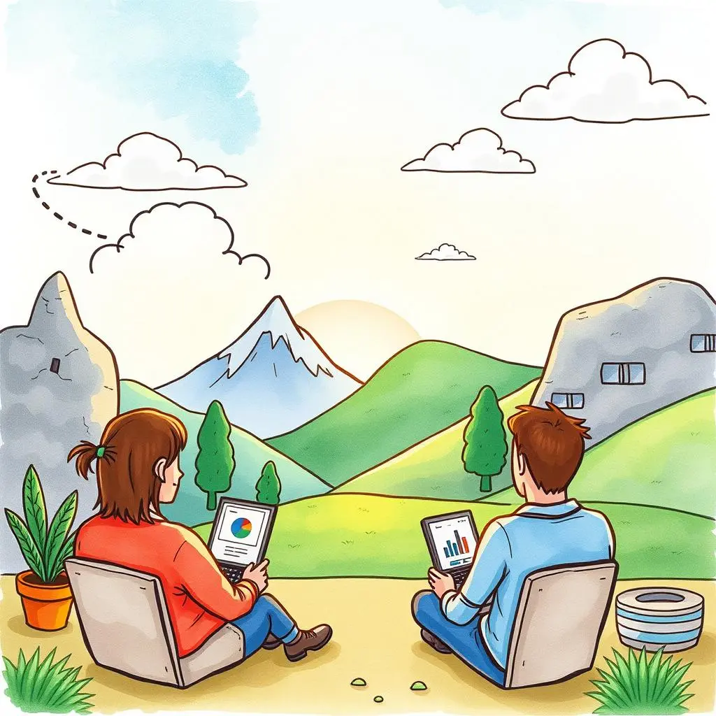 Knowledge base article writer: Produce informative articles for user help 1 A serene landscape showing two individuals using tablets, representing digital tools for knowledge base article writing.