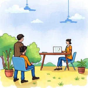 Post-training q&a assistant: Provide responses to common post-training questions 8 Post-training Q&A Assistant discussion among IT specialists in an outdoor setting