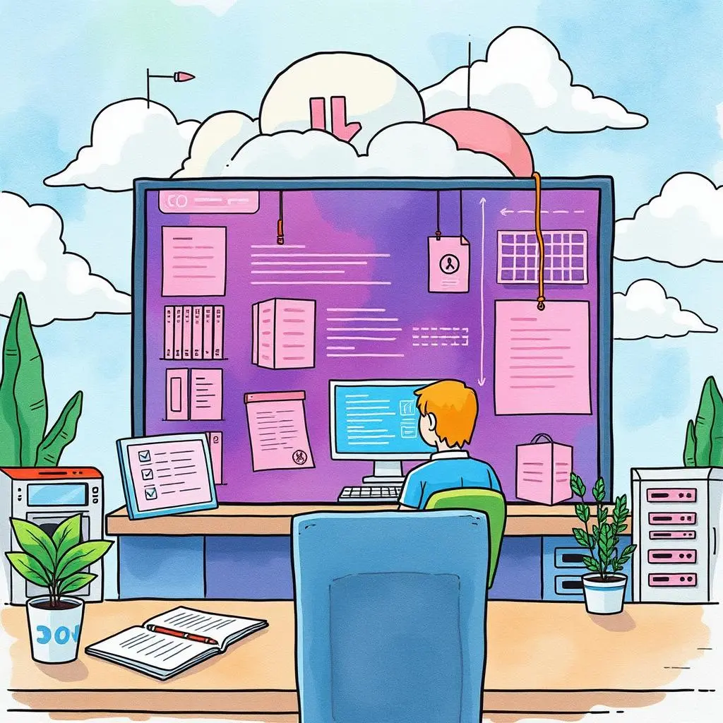 Troubleshooting guide builder: Automatically craft troubleshooting documents 1 A user support specialist sits at a desk focused on a computer with a colorful interface for troubleshooting.