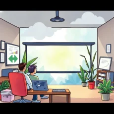 Two professionals discuss instructional material in a modern workspace.